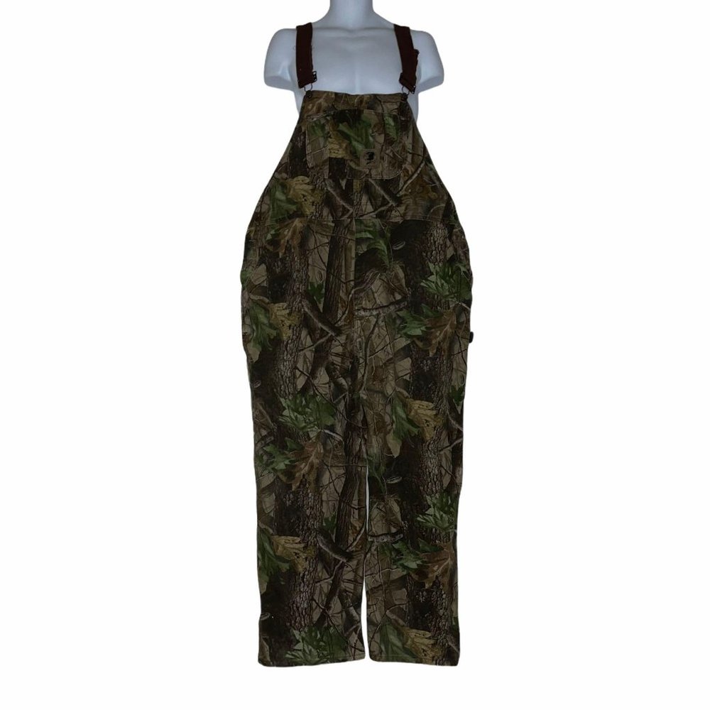Rare HTF Tough Duck Green Camouflage Denim Hunting Outdoors Bib Overalls XL